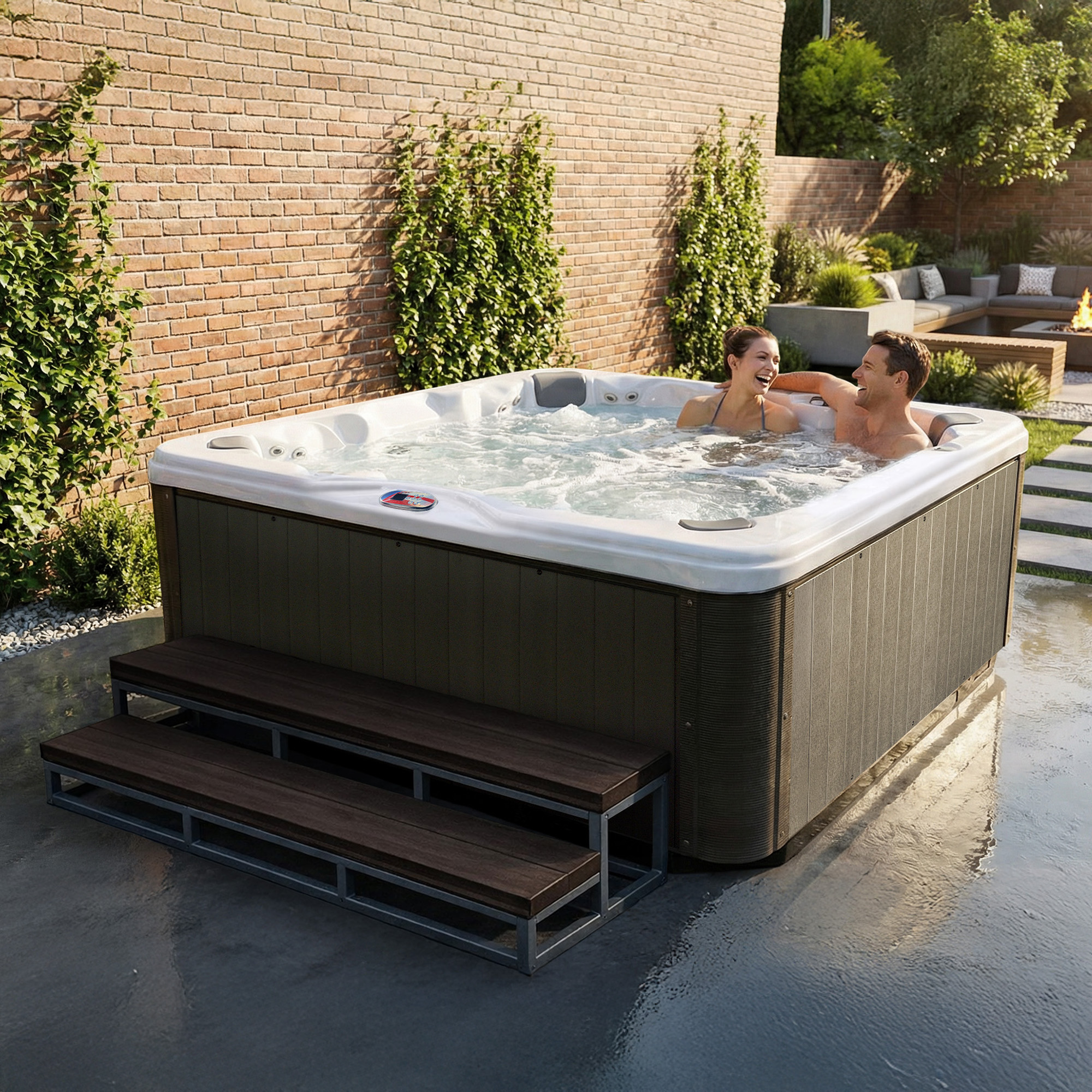 7-Person 56-Jet Premium Acrylic Bench Spa Standard Hot Tub with Bluetooth Sound System and LED Waterfall